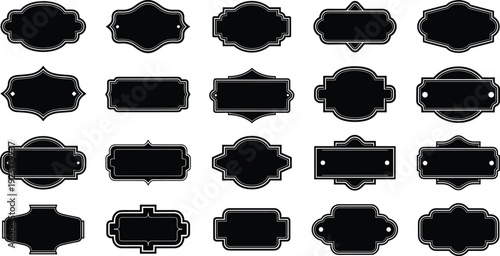 Vintage Label Icon Set Featuring Ornamental Nameplate Designs with Decorative Shapes and Outlines Depicted in Black Vector Silhouette Style