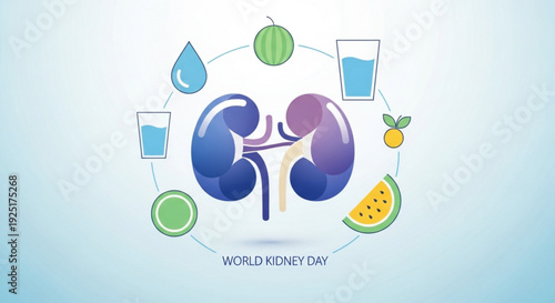 World kidney day awareness illustration with kidneys fruits and drinks on blue background