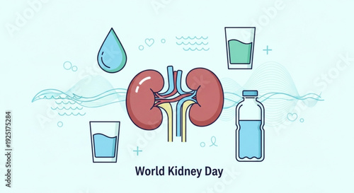 World kidney day illustration with human kidney water drop glasses and bottle promoting hydration and organ health awareness