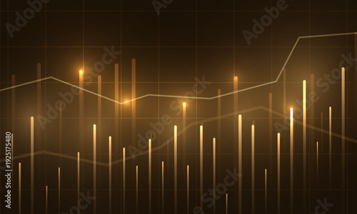 Golden financial chart with glowing bars, rising line, abstract background, warm tone, vertical illuminated bars, subtle grid, bokeh highlights, data visualization for trader dashboard, futuristic