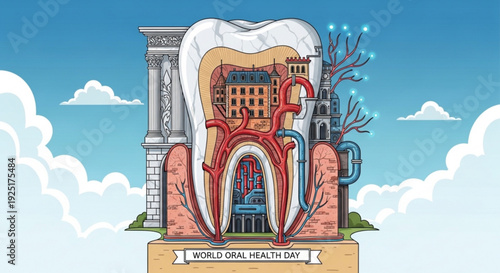 World oral health day illustration with cityscape inside a tooth on blue background with clouds