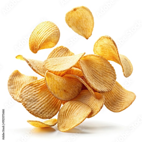 Crispy potato chips falling or flying isolated on white background