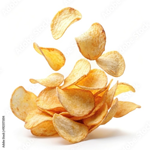 Crispy potato chips falling or flying isolated on white background