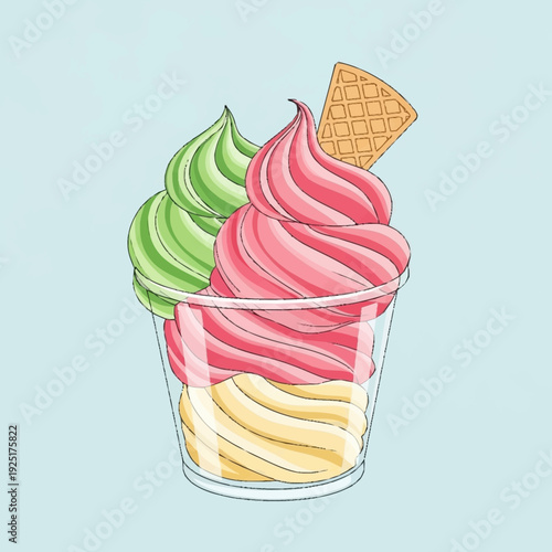 Illustration of a clear cup filled with three flavors of soft-serve ice cream, topped with a waffle cone.