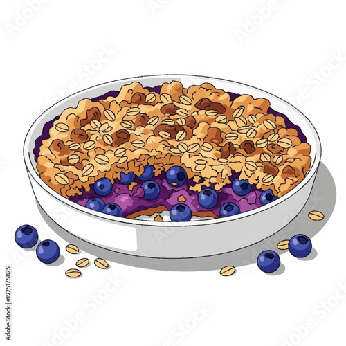 Delicious blueberry crumble dessert in a white baking dish, with a scoop removed revealing the fruit filling and scattered oats.
