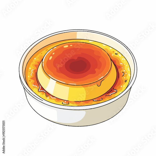 A delicious illustration of a classic creme caramel dessert with golden brown caramel sauce in a white bowl.