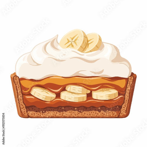 A delicious cross-section of a banoffee pie with a biscuit crust, rich caramel, fresh banana slices, and a generous whipped cream topping.