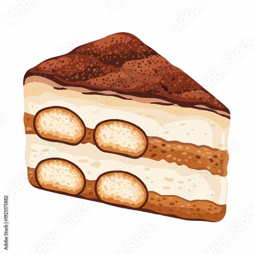 A delicious slice of classic Italian tiramisu dessert with layers of cream and ladyfingers, topped with cocoa powder, on a white background.