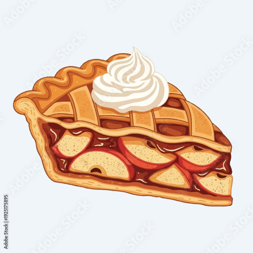 A delicious slice of apple pie with a lattice crust, filled with baked apples and a dollop of whipped cream on top, ready to be enjoyed.