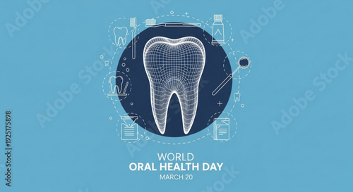 World oral health day illustration with tooth icon and dental care symbols on blue background