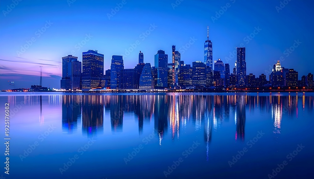Fototapeta premium Skyline urbano al atardecer con reflejo en el agua
