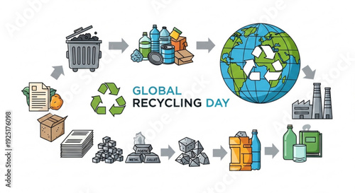 Global recycling day illustration with recycling symbols and earth