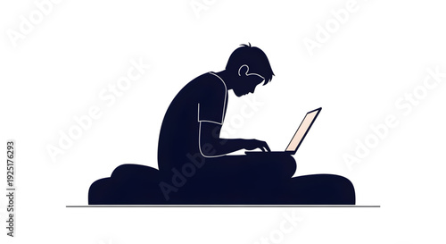 Silhouette of a person sitting and working on a laptop computer representing remote work and digital nomad lifestyle