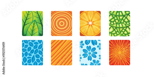A set of colorful square vector graphics with various patterns and designs