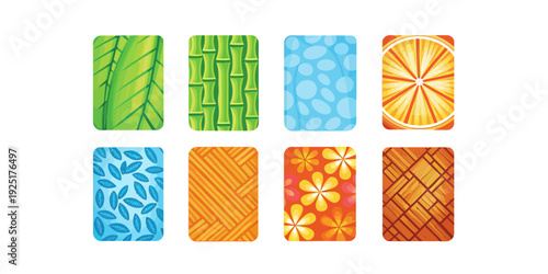 A colorful collection of eight square vector graphic tiles with various patterns