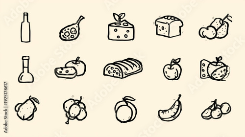 Hand drawn style icons depicting various fruits bread cheese and oil bottles
