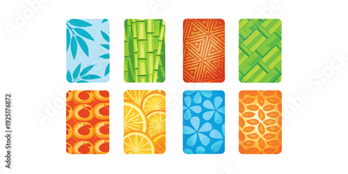 A colorful vector graphic of eight patterned rectangles with various designs