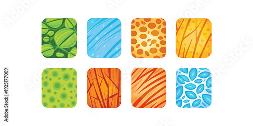 A colorful set of eight square icons with various patterns and designs
