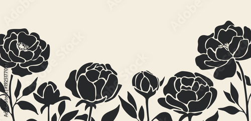 Floral background with black peony silhouettes and copy space