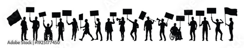 Crowd of people different ages and disability in various poses holding placards banners sign and flags silhouettes vector illustration isolated on white background.
