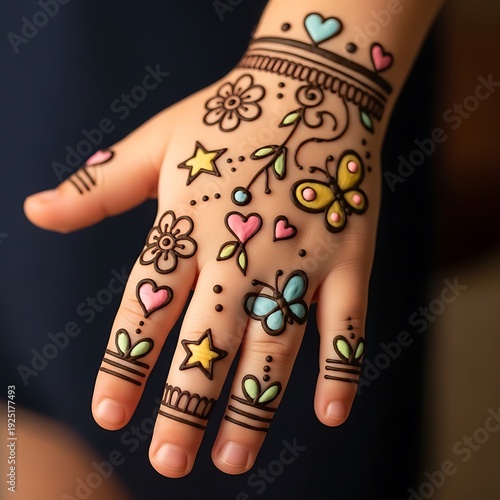 Creative kids henna tattoo with pastel colors showing butterflies hearts and stars on child hand against soft dark blue background for festive celebration