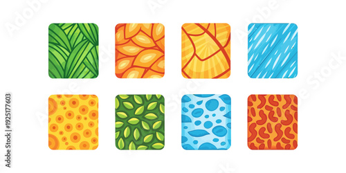 A colorful vector graphic featuring eight square tiles with various patterns