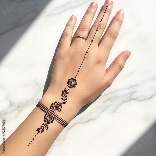Chic minimalist henna tattoo on hand and wrist, featuring a delicate floral trail up the finger and a bracelet band, offering understated elegance and modern style