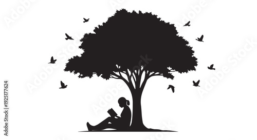 Reading Under Tree Silhouette Icon Set: Knowledge & Tranquility