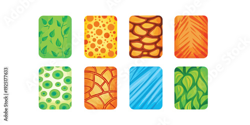 A colorful set of eight square tiles with various patterns and designs