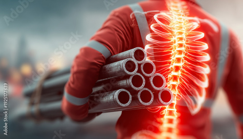 Worker back pain spine injury construction steel pipe manual labor safety vest concept, heavy load on shoulder, glowing anatomy overlay, ergonomic risk, fatigue, workplace safety
