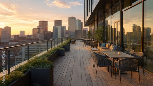 Modern rooftop terrace with city skyline view, outdoor seating, glass railing, potted plants, and warm sunset light creates relaxing urban atmosphere for social gatherings or business meetings