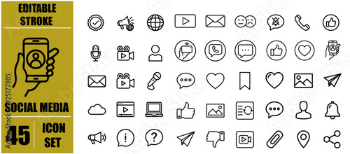 Collection of forty five linear icons representing blogging and digital content
