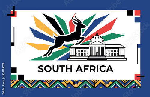 South Africa Symbol: A striking emblem showcases the essence of South Africa, with its national animal leaping against a backdrop of vibrant colors and architectural detail.