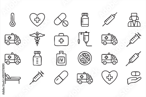 Healthcare and medical outline icons with ambulance doctor and vaccine