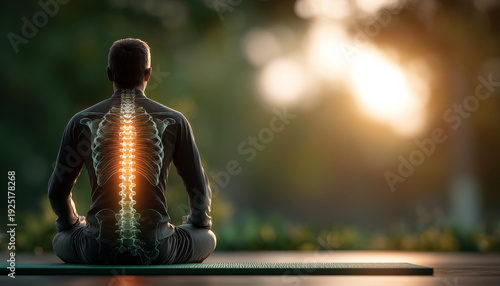 Meditation yoga spine back posture anatomy wellness sunrise, adult man sitting on mat outdoors, xray style skeleton overlay highlighting vertebrae, calm breathing practice
