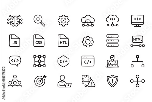 Software development outline icons with programming code and cloud