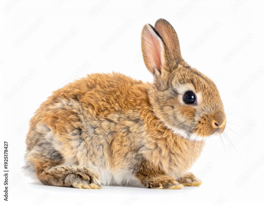 Obraz premium Small adorable fluffy brown domestic rabbit with expressive dark eyes sits calmly on a clean white background in a professional studio setting