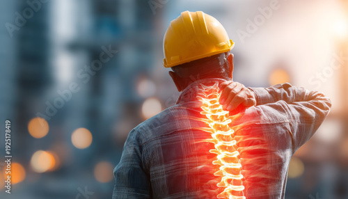 Construction worker back pain spine injury safety helmet urban builder holding neck with glowing skeleton highlight, workplace strain concept, health risk, ergonomic accident prevention