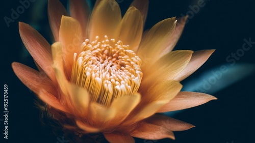 Close-up of vibrant orange flower against dark foliage. Artificial intelligence image