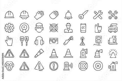 Construction safety outline icons with helmet tools and hazard signs