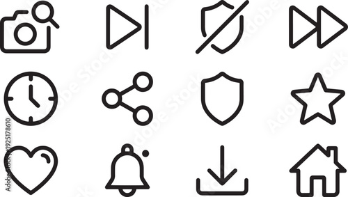 Clean outline vector icons for user interface elements like play, share, save, settings, and home, suitable for apps and web.