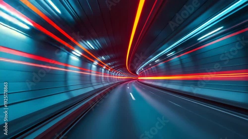 Motion blurred highway tunnel with red and blue light streaks curving forward