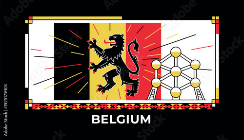 Valokuva Belgium Flag Emblem: Capturing the essence of Belgium, this emblem combines the nation's iconic flag design with the symbolic Atomium structure