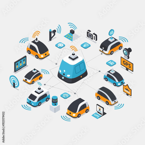 Autonomous vehicles connected to a central hub with various icons.