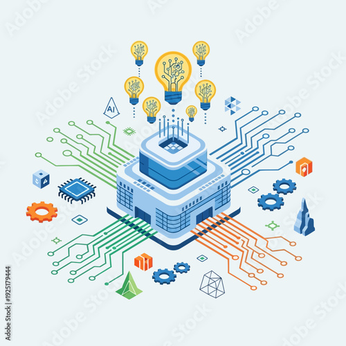 Futuristic server room with circuit board and light bulbs.