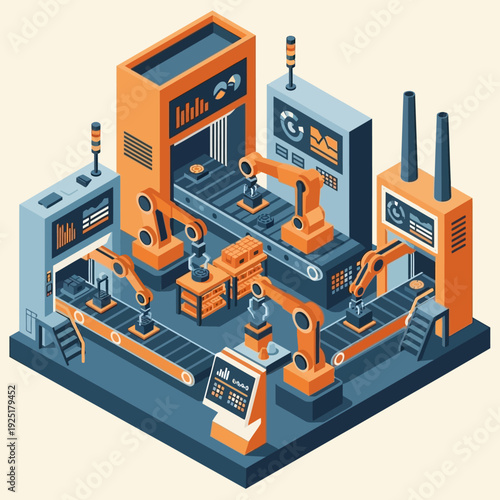 Modern Industrial Factory with Robotic Arms and Automated Machinery.