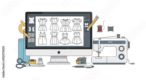A computer screen shows dress patterns, surrounded by a sewing machine, scissors, spools of thread, and fashion design tools.