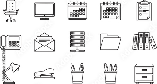 Minimalist line art vector icons for office and business, featuring desk chair, computer, calendar, phone, and files.