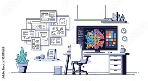 A contemporary creative workspace with a desktop computer showing a colorful graphic design interface, surrounded by wall documents and a plant.