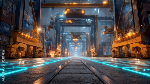 Futuristic port cranes in electric nightscape. Artificial intelligence image
